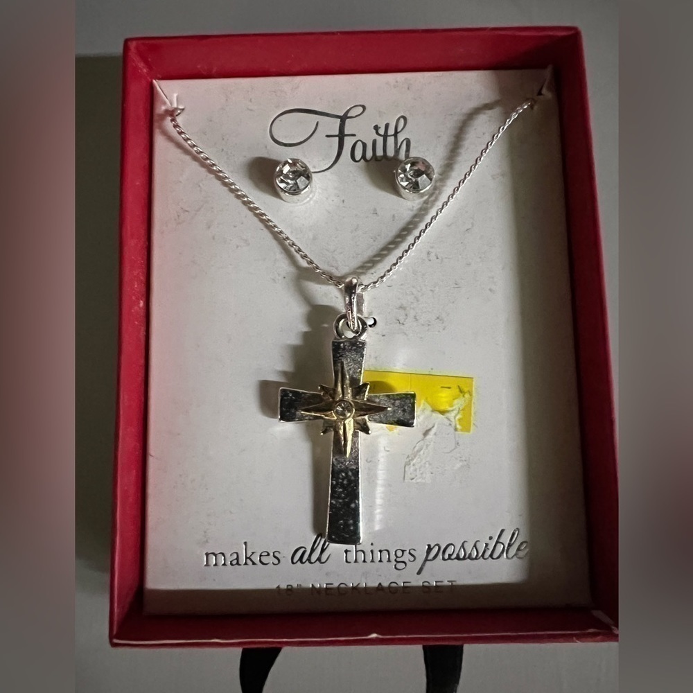 New in Box Faith Silver Cross Necklace with Earrings Set